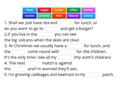 Kiwi slang - shortened words gap fill