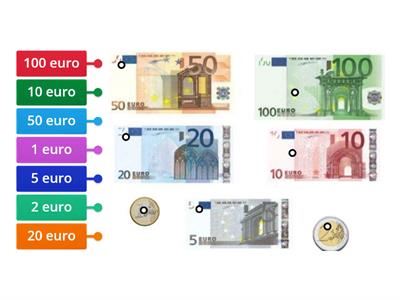 Banconote e monete - associa il nome all'euro (1-100)