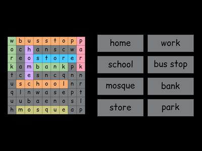 Places 4 - school bank store downtown church mosque park home work