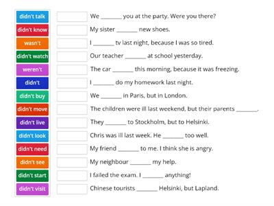 Negative past simple, kielteinen imperfekti. Match a word and a sentence.