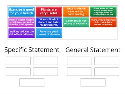 Identify each statement if it is a GENERAL or SPECIFIC Statement.