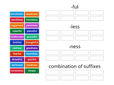 Green team sort 54 - suffixes -ness, -less, -ful