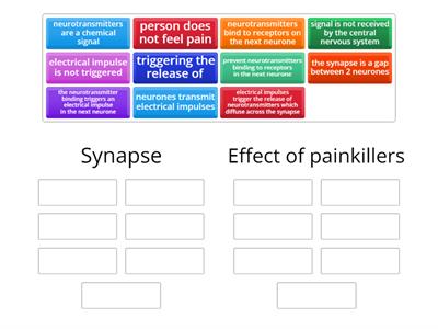 How a signal is transmitted at a synapse and how painkillers reduce pain felt by aperson