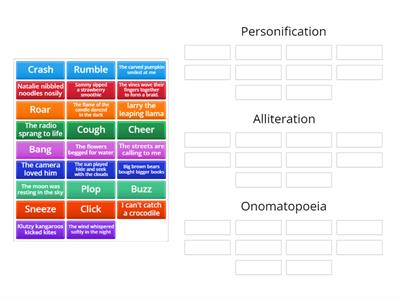 Personification, alliteration, onomatopoeia