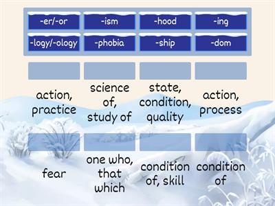 Suffixes -phobia, -ing, -dom, -logy/-ology, -er/-or, -ship, -hood, -ism 