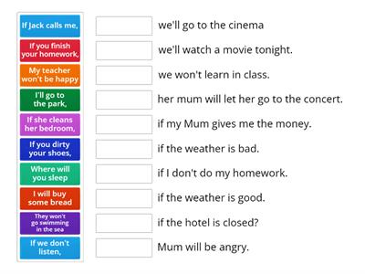 First conditional TEFL Wordwall Activity 1 - match the if and result clause