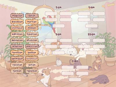 Match the 'shun' word to the suffix spelling