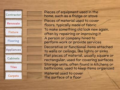 Match the renovation house vocabulary with the correct definition.