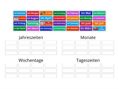 Jahreszeiten, Monate, Wochentage, Tageszeiten