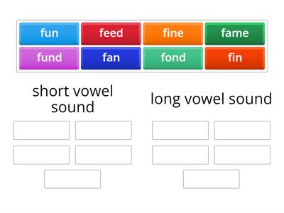Short and Long Vowel Sound Sort (words: fin, fun, fan, fine, fame, fund, fond, feed)