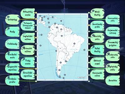 Jižní Amerika-povrch, oceány, moře, zálivy, průlivy, průplavy-slepá mapa