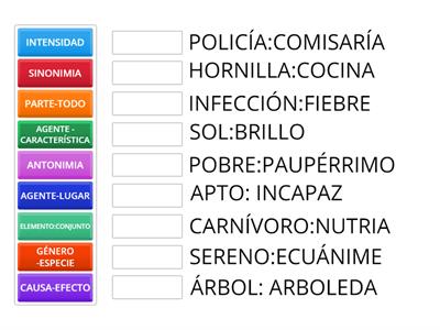 UBICA CADA PAREJA DE PALABRAS SEGÚN EL TIPO DE RELACIÓN QUE EXISTA ENTRE ELLAS.