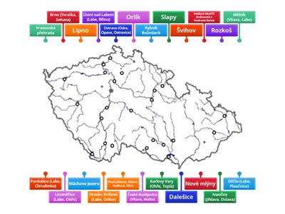 ČR - vodstvo přehrady, jezera, města na soutoku řek
