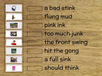 3.8 -ng -nk units Picture Match Up (student reads unit and word out loud, then matches to picture)