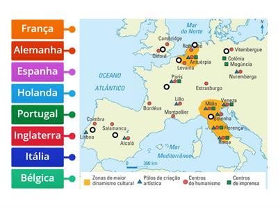 Localiza os Centros humanistas da Europa do Renascimento (países)