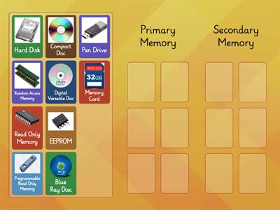 Identify the following as Primary Memory or Secondary Memory