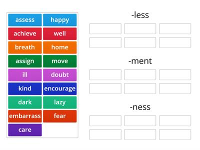  -ful; - less; -ness; -ment Suffixes