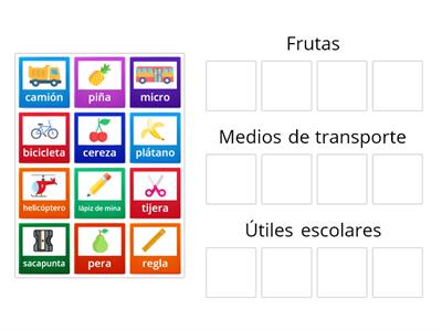 Categoría semántica/familia de frutas/medios de transporte/útiles escolares