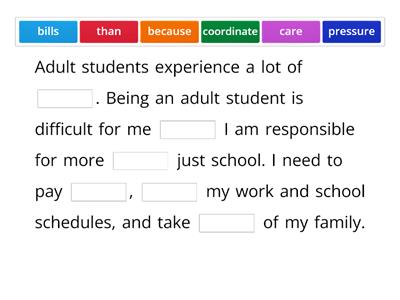 Pressures of an Adult Student -- Cloze