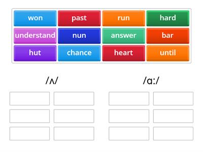 Group the words to the corresponding /ʌ/ and /ɑ:/