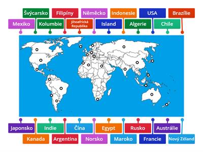 Přiřaď jména států do slepé mapy světa