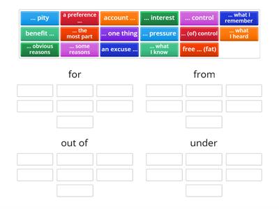 prepositions for/from/out of/under