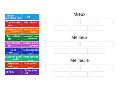 mieux, meilleur, meilleure 0 A2, classe dans le bon groupe.