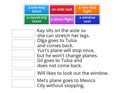 Kinds of tickets and seats.  Match the descriptions on the right with the items on the left. Click to make a match.