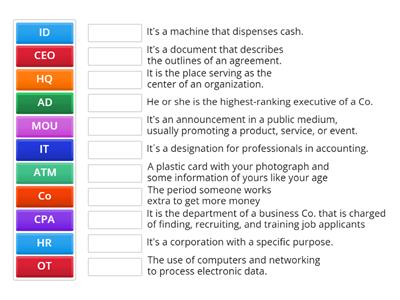 Match the following acronyms and abbreviations with the correct definition