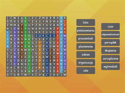 Znajdź słowa związane z dobrą organizacją oraz mądrym zarządzaniem czasem