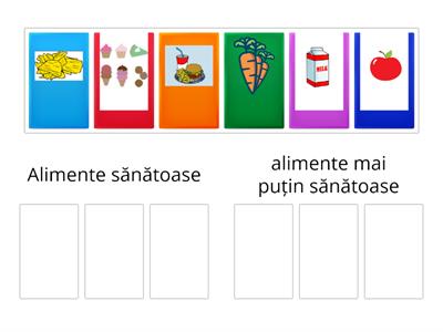 Așază alimentele sănătoase  în coloana din stânga și alimentele mai puțin sănătoase în coloana din dreapta