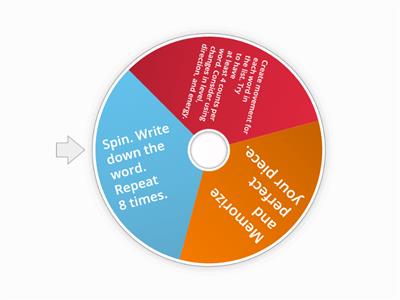 Choreography Wheel: Spin to generate a list of 4-16 words. Create 4 counts of movement per word. Memorize.
