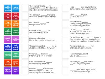 SPEAK, TALK, TELL phrasal verbs in sentences