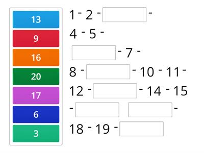 Secuencia de números del 1 al 20: Completa con los números que faltan en cada secuencia numérica.