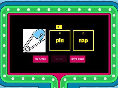 Five vocabularies of Three letter phonic words: pin, nap, dig, log, red
