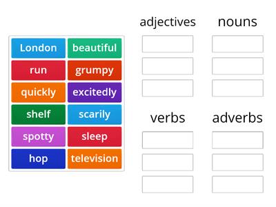 noun, adjective, adverb and verb sorting