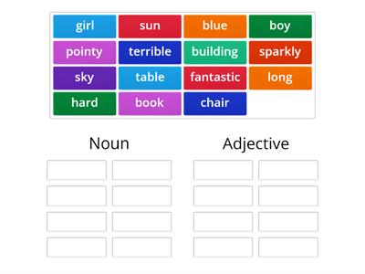 Nouns and Adjectives - Remember a noun is a name of a person, place or thing and an adjective is a describing word.