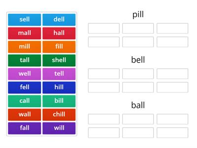 Word Sort for -ill, -ell, -all