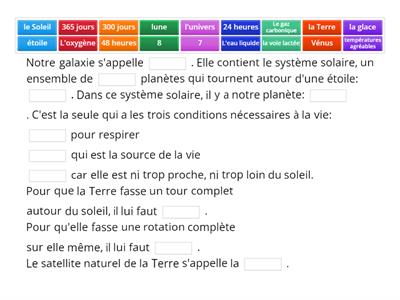 Les planètes: texte à trous