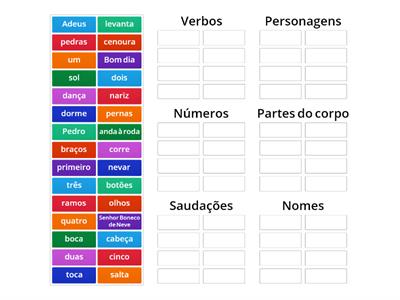 O Senhor Boneco de Neve - escreve as palavras nos grupos corretos