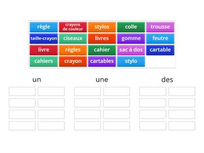 un - une - des (les matériaux scolaires)