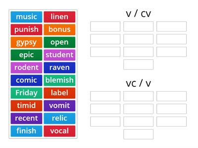 V/CV or VC/V two syllable words sort gr. 3