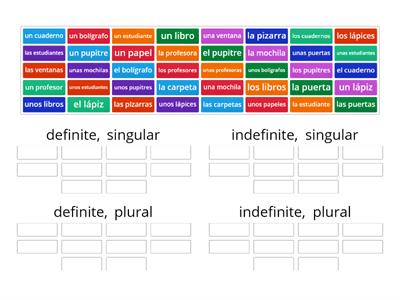 definite/indefinite, singular/plural sort Spanish 7