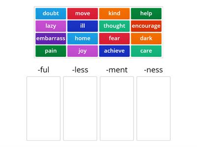 Suffixes -ful; - less; -ness; -ment