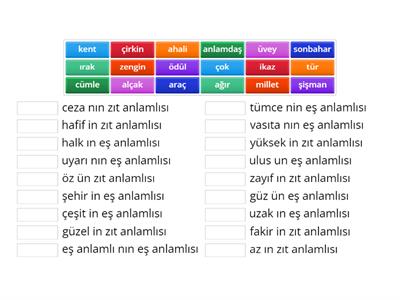 5. Sınıf Türkçe Zıt anlamlı ve Eş anlamlı Kelimeler