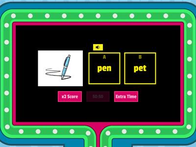 Five vocabularies of Three letter phonic words: pen, ten, pet, net, hit