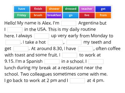 Daily routine, present simple (1st person) - insert verbs in the text