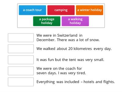 Going on holiday/vacation 1 – What type of holiday is each person talking about?