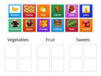 vegetables, fruits, sweets