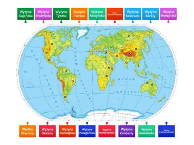 Mapa fizyczna świata. Wyżyny. Poziom podstawowy